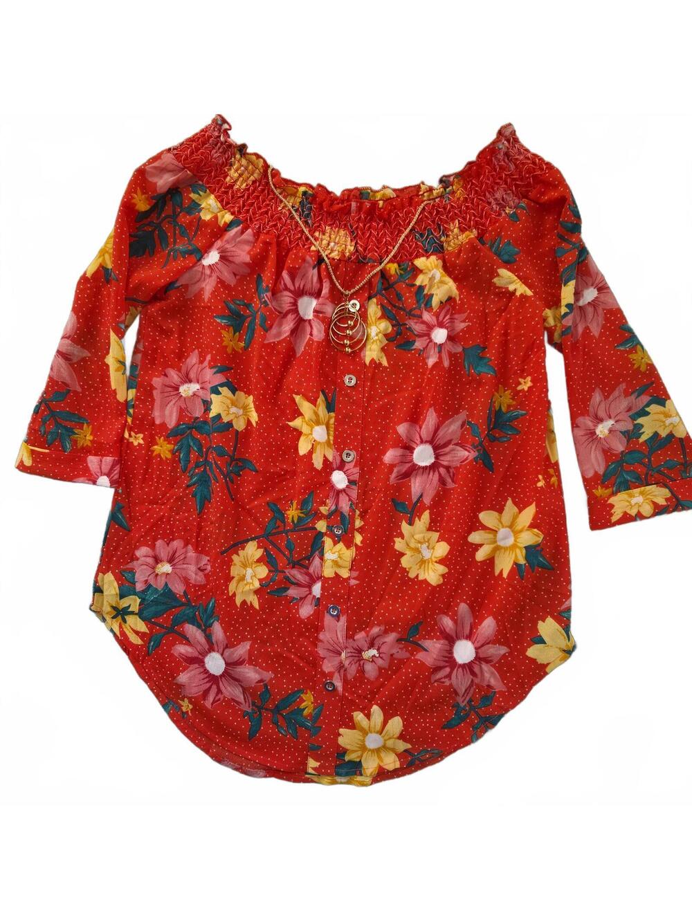 Chances R Red Floral Smocked Peasant Blouse Top Size S